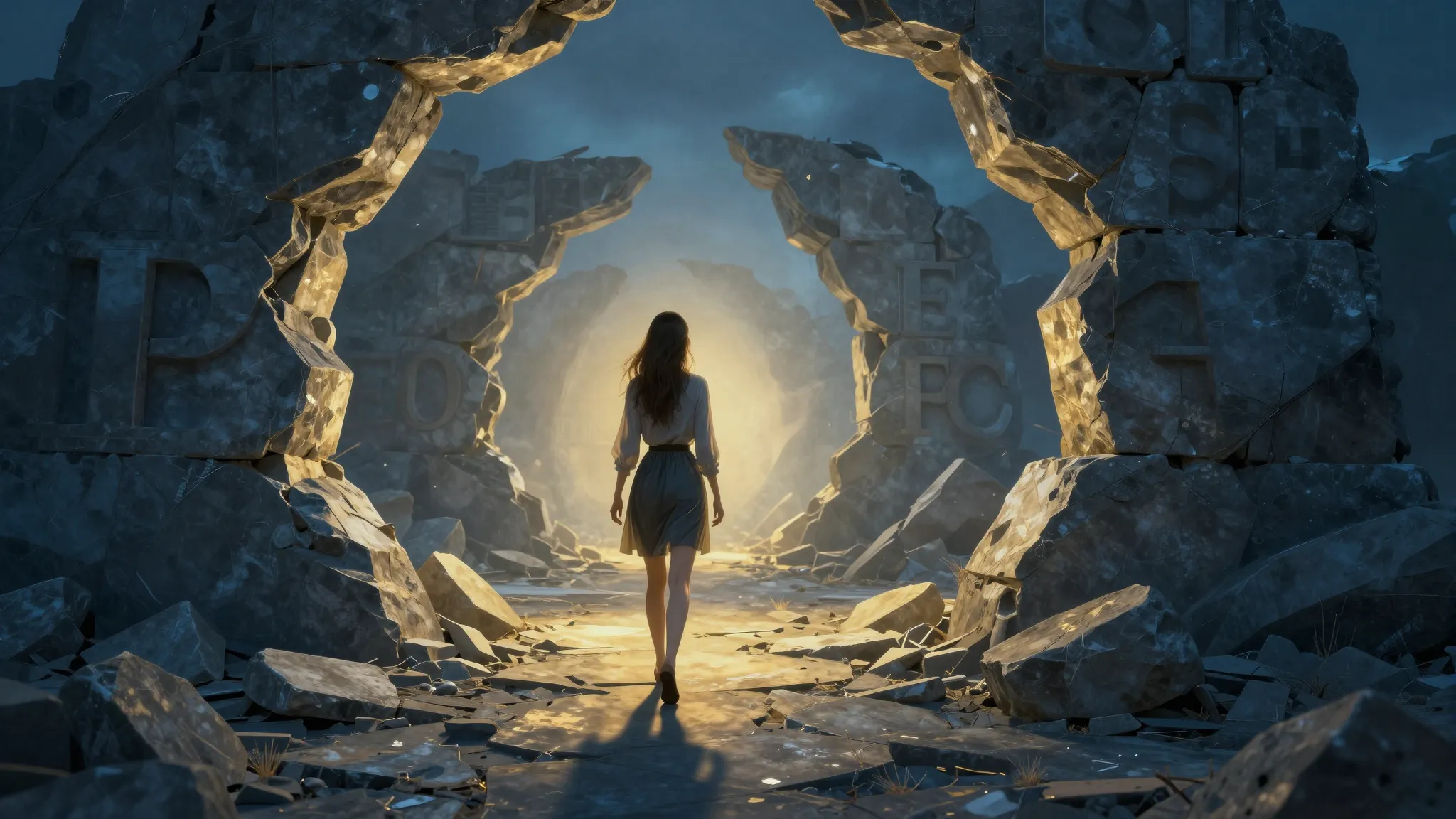 A metaphorical image of a woman walking away from a crumblin...
