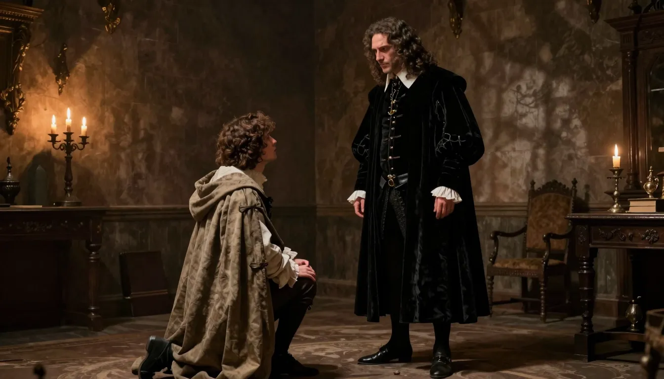 A tense scene in a 17th-century French study. A young noblem...