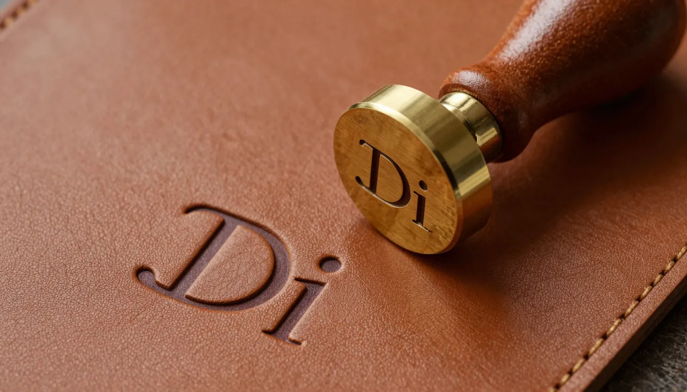 A high-end brass leather embossing stamp with a minimalist '...