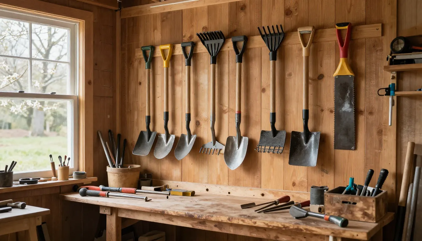 A tidy garden tool workshop with wooden walls, various shove...