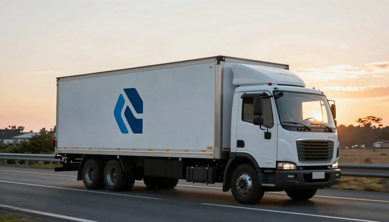 A large delivery truck with a minimalist logo driving on a h...