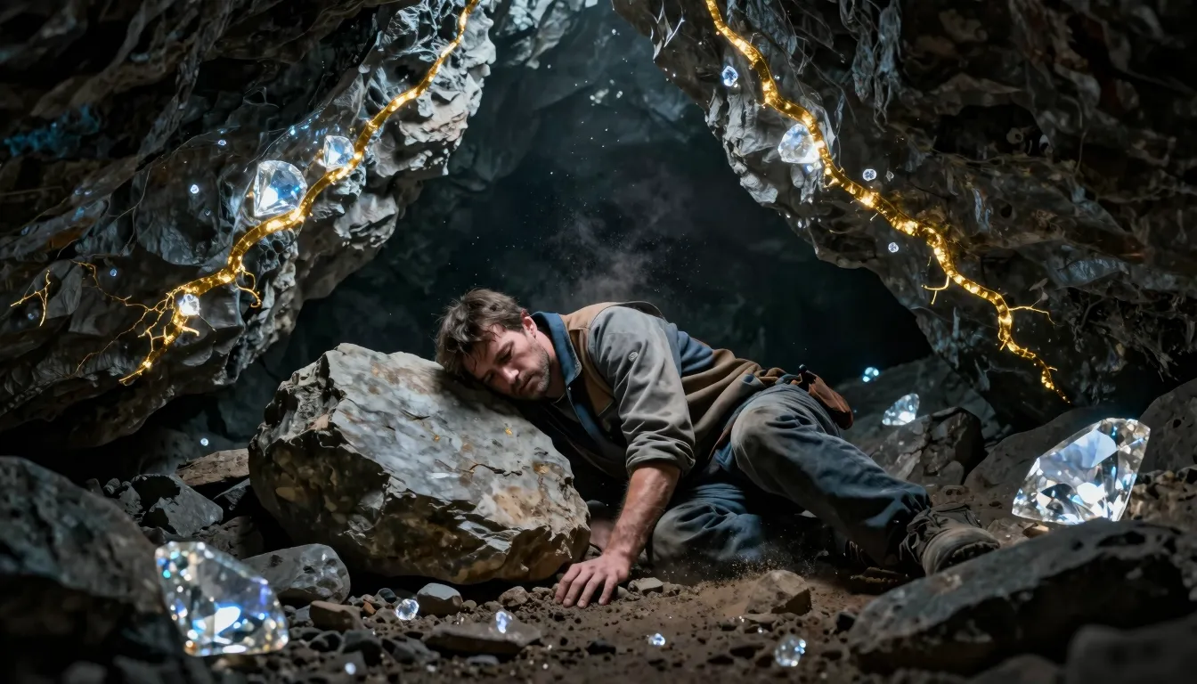 A dramatic scene in a dark, modern cave. A tired man in work...