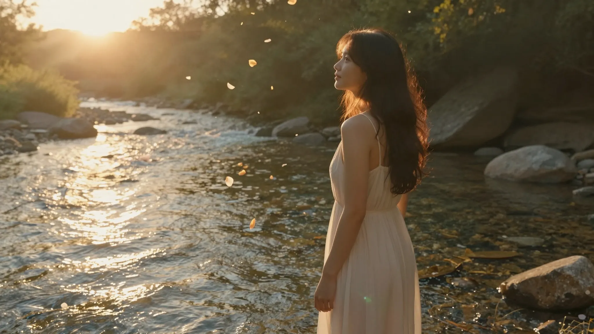 A romantic and peaceful scene of a woman standing by a cryst...