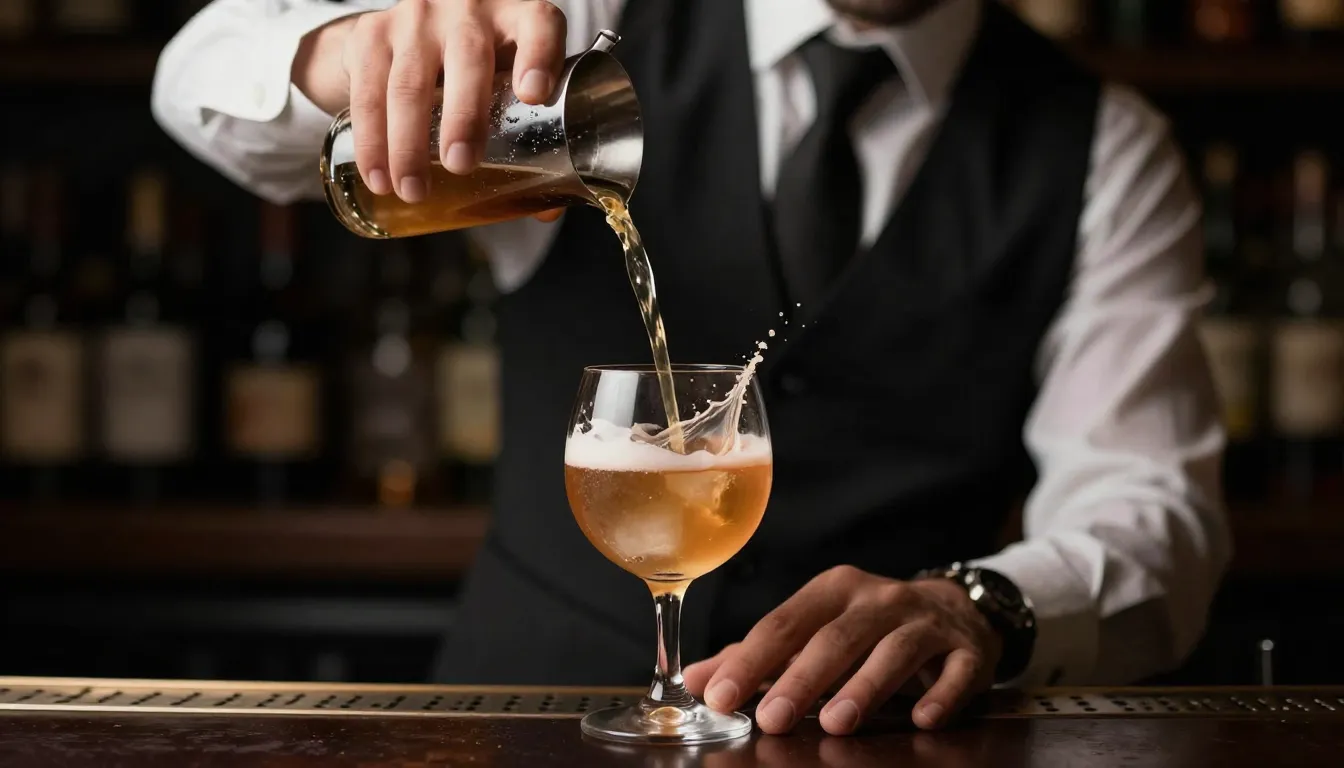 A stylish bartender pouring a craft drink into a glass, prof...