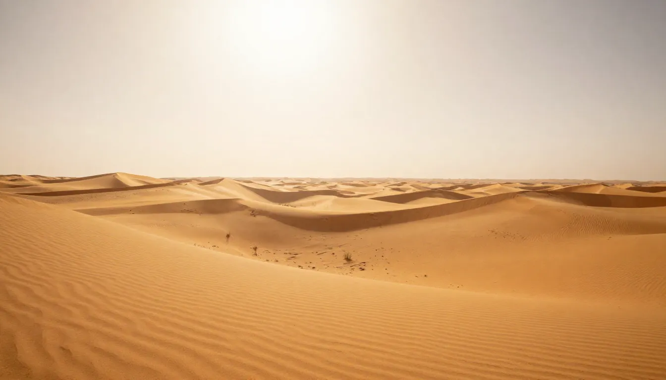 A vast, hot desert with sand dunes under a scorching sun, he...
