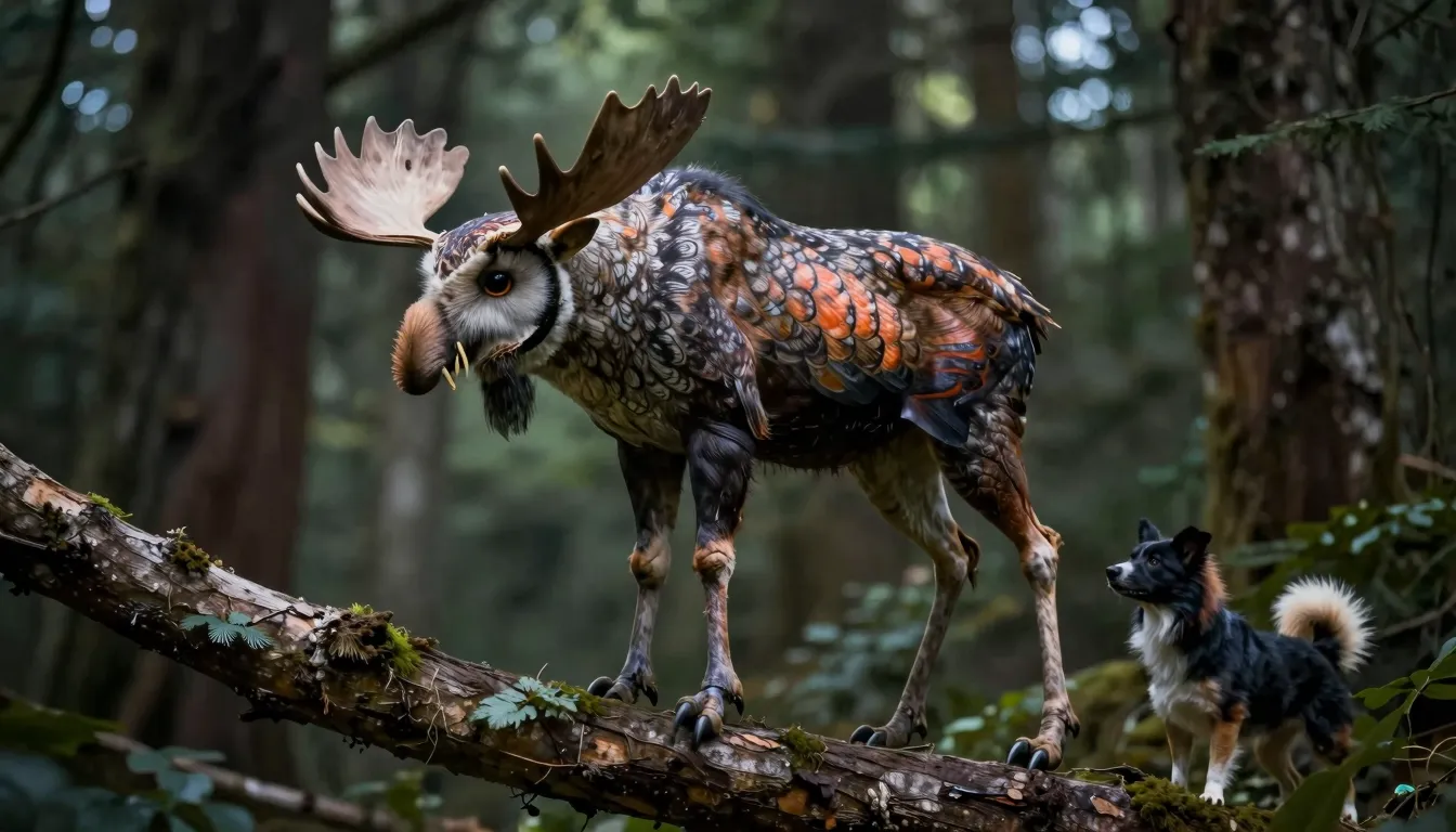 A surreal hybrid creature perched on a thick tree branch. Th...