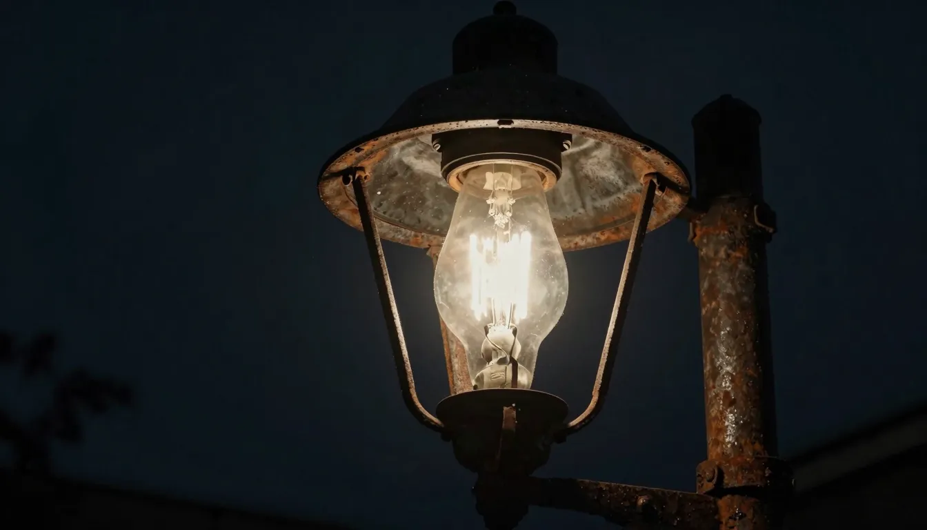 A close-up of an old, rusty street lamp in the dark. The lig...