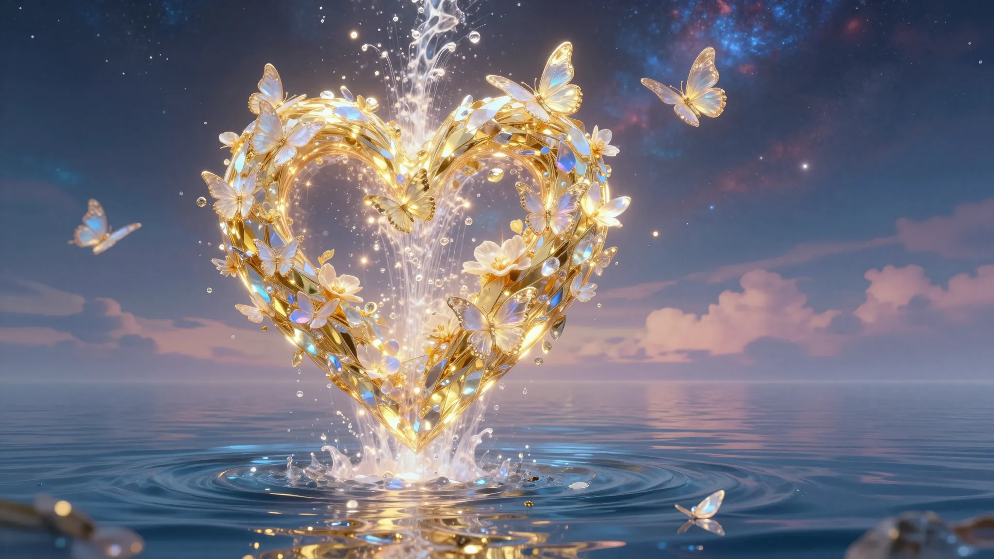 A majestic glowing heart made of liquid gold and translucent...