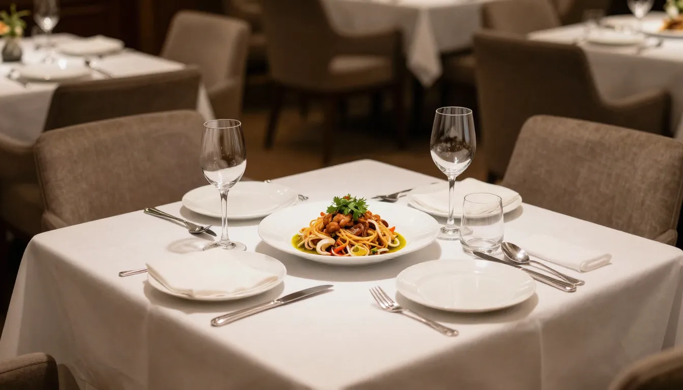 A professional photograph of a neatly set dining table in a ...