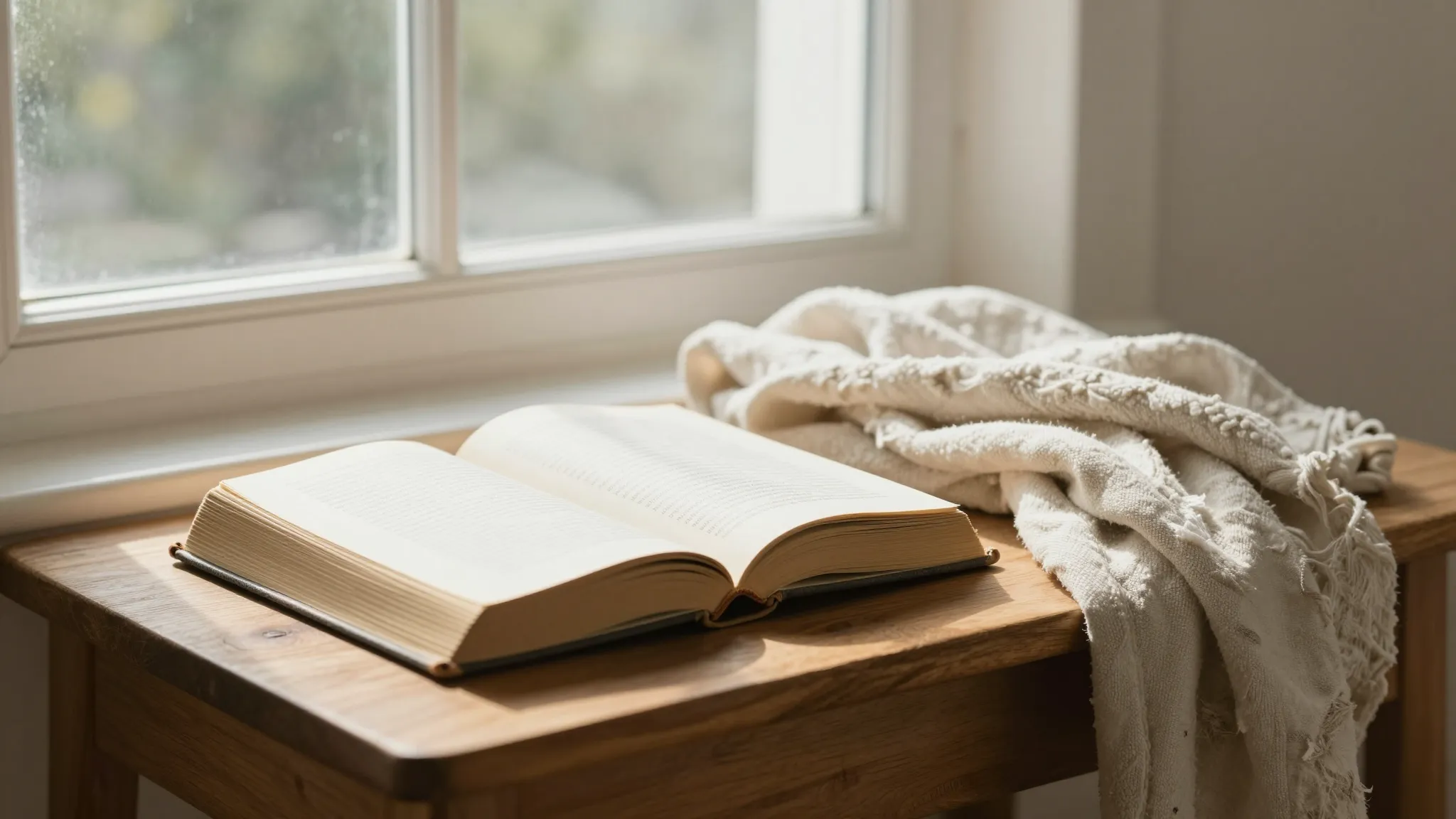 A cozy, sunlit reading nook with a large window. On a wooden...