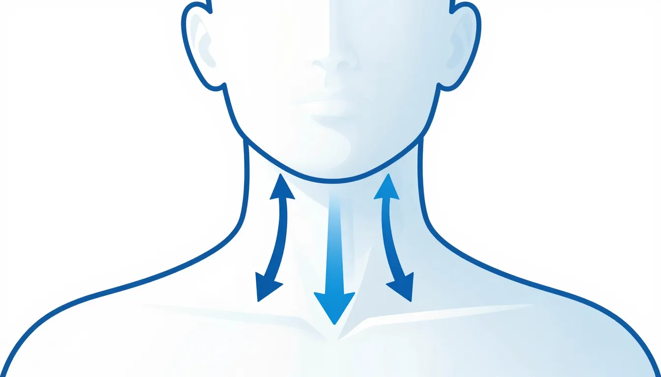 Infographic style illustration showing a human neck with arr...