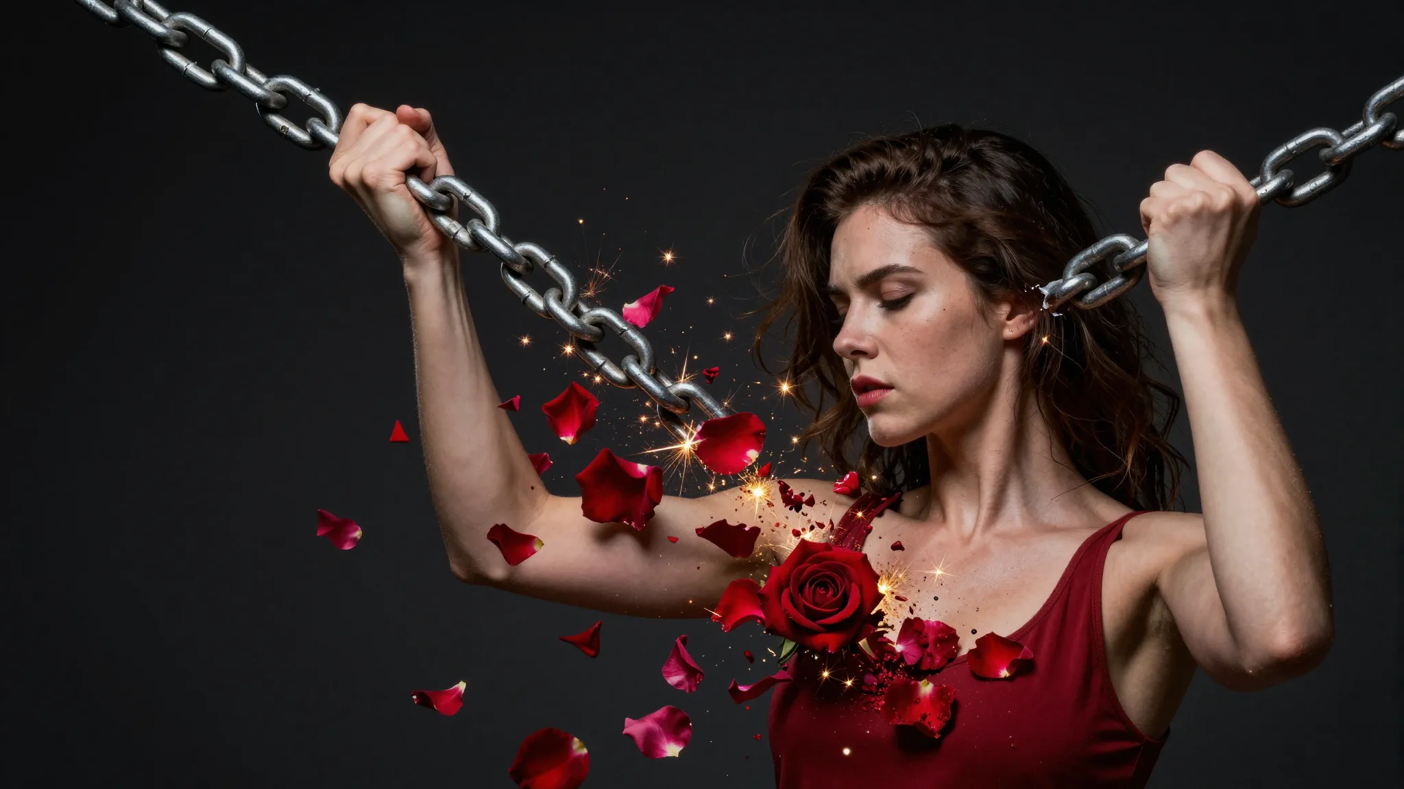 A woman breaking heavy iron chains with her bare hands. The ...