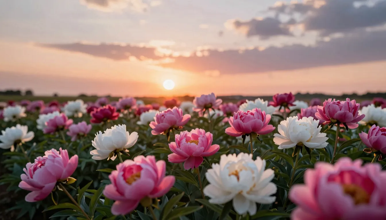 A field of blooming peonies at sunset, vibrant pink and whit...