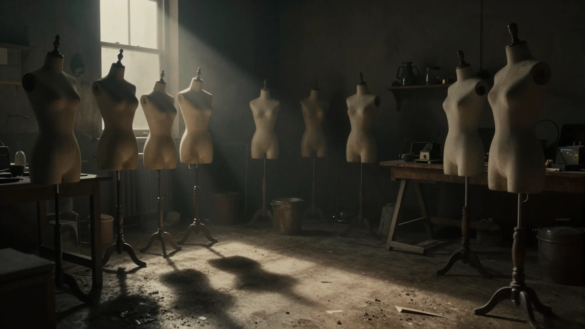 Cinematic shot of a mysterious dimly lit workshop with old m...