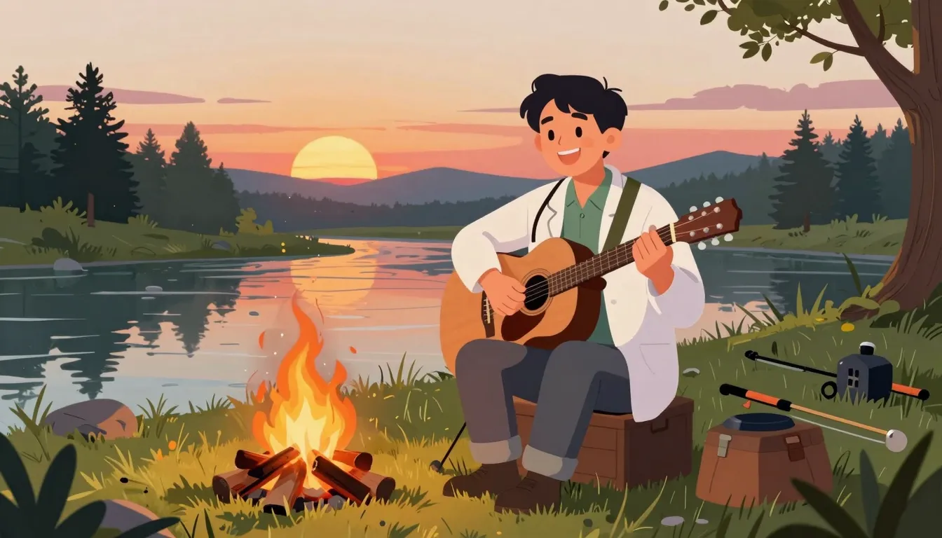A cheerful doctor with a guitar sitting by a campfire near a...