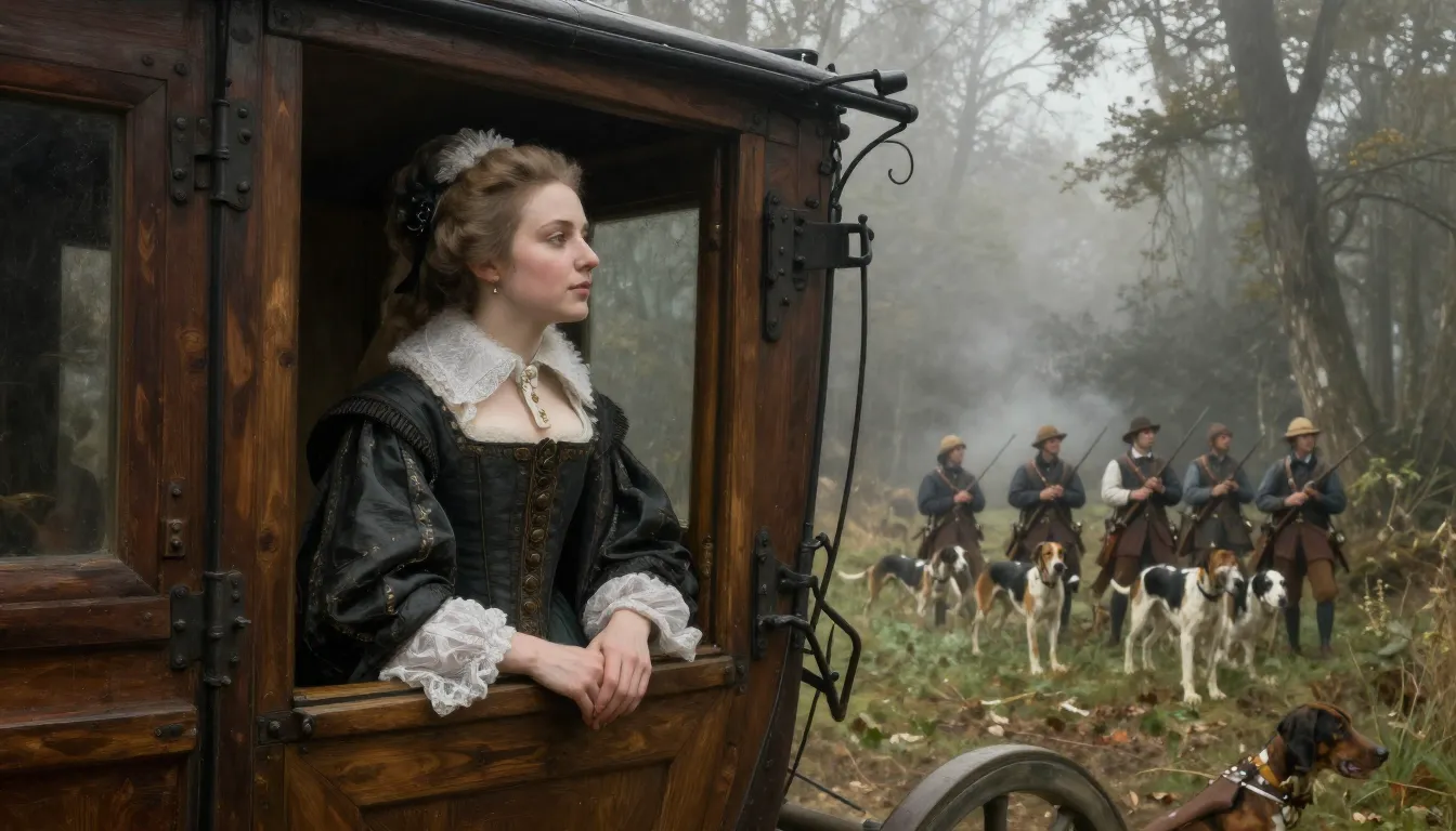 16th century French noblewoman looking out of a wooden carri...