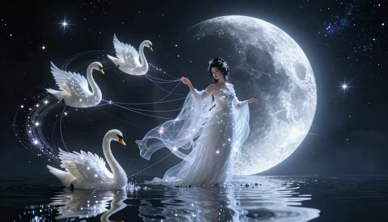 A breathtaking scene of a Moon Goddess on a dark reflective ...