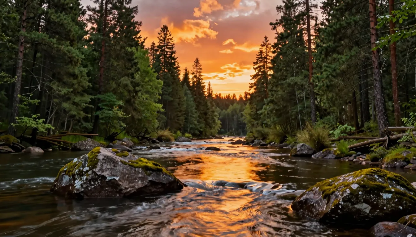 A wide, majestic river winding through a dense ancient pine ...