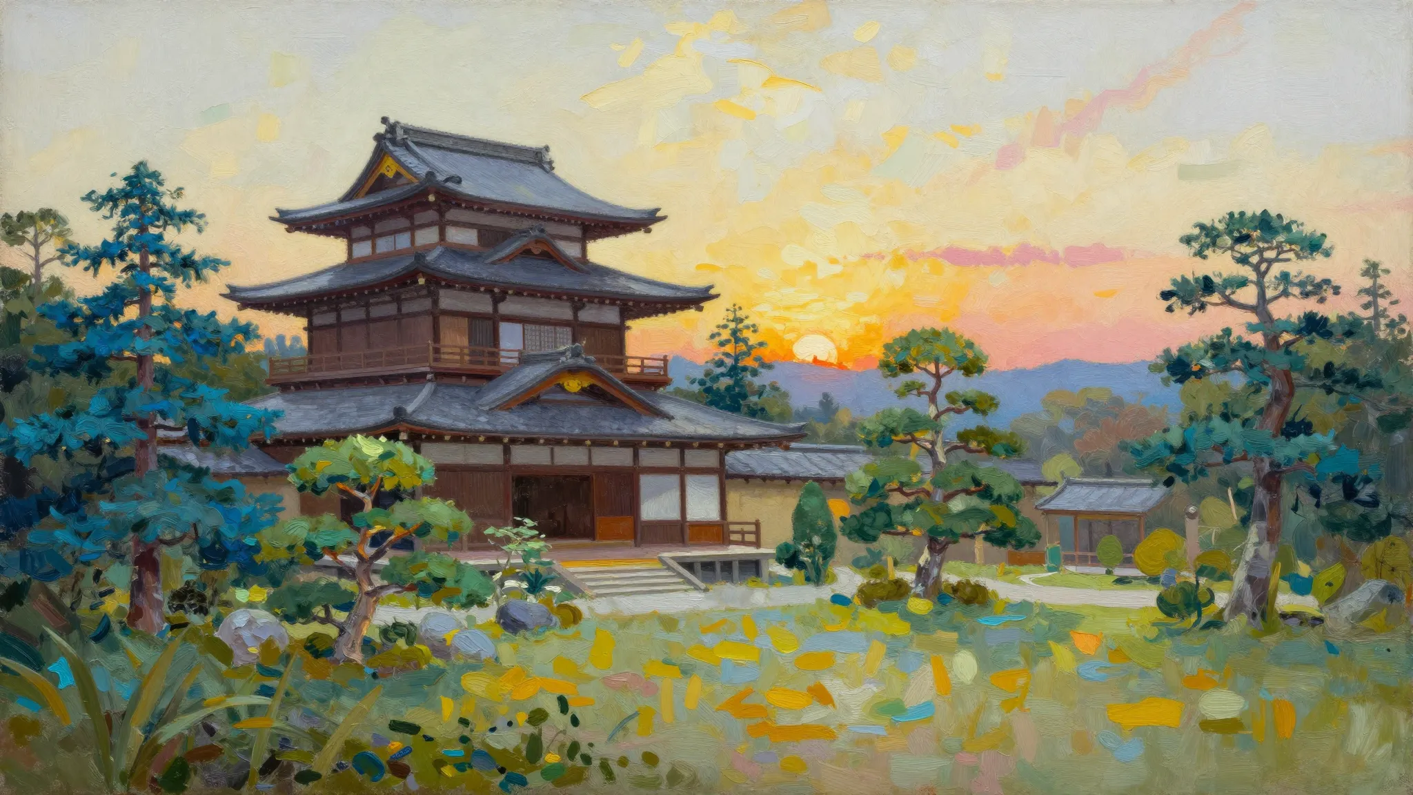 Horizontal oil painting on canvas, thick impasto strokes. A ...