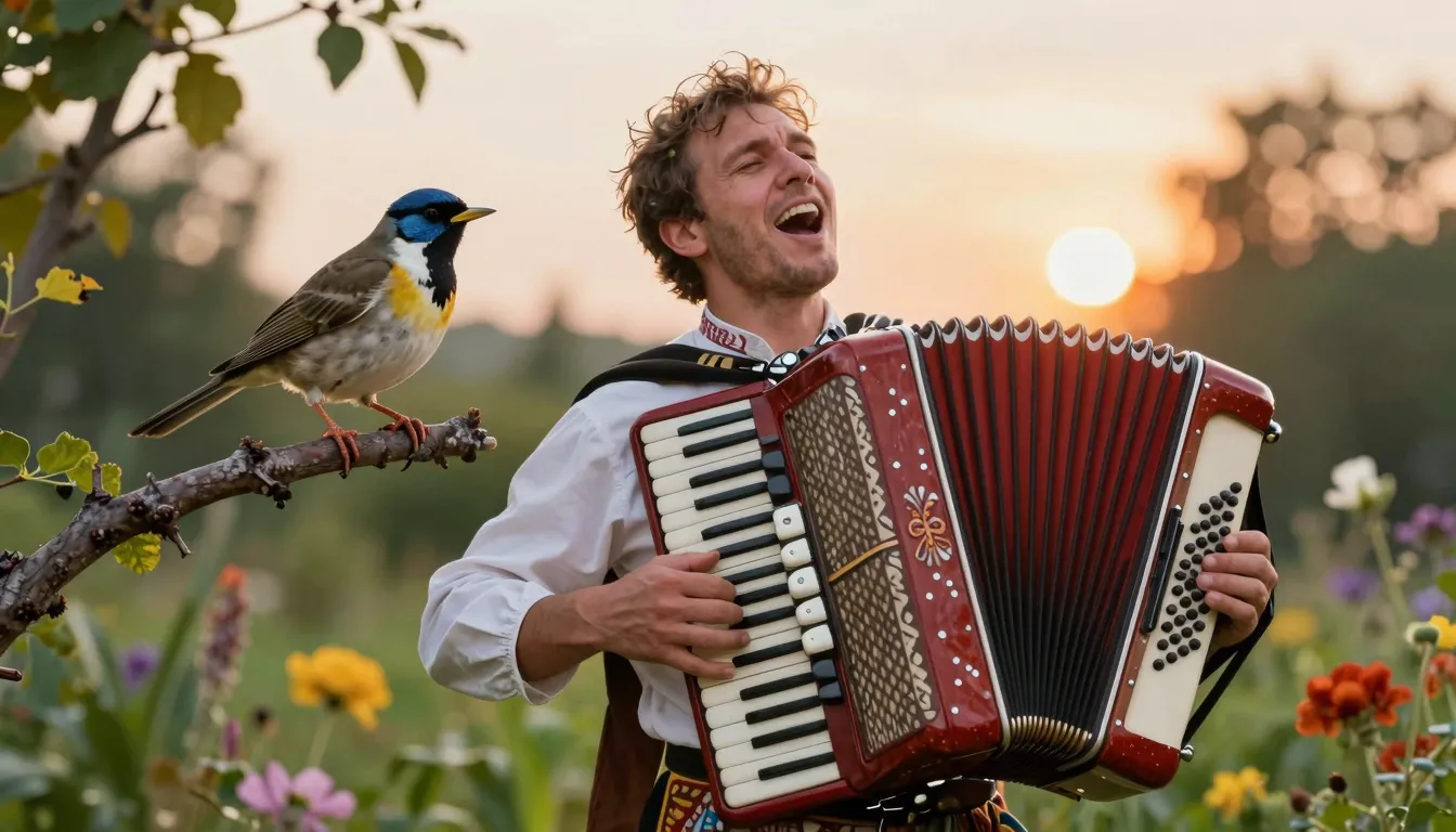 A charismatic man playing a traditional Russian accordion, s...