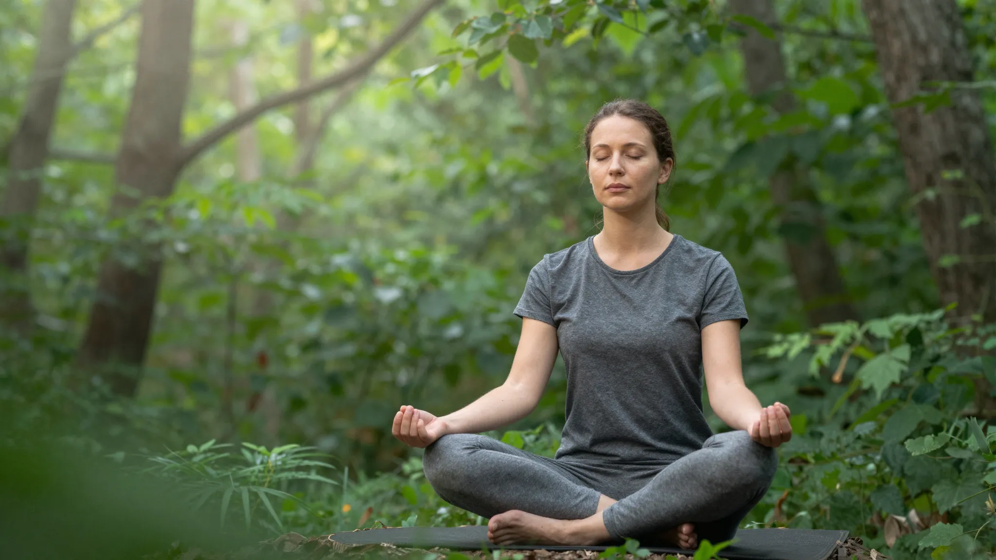A peaceful person meditating in a lush green forest, soft su...