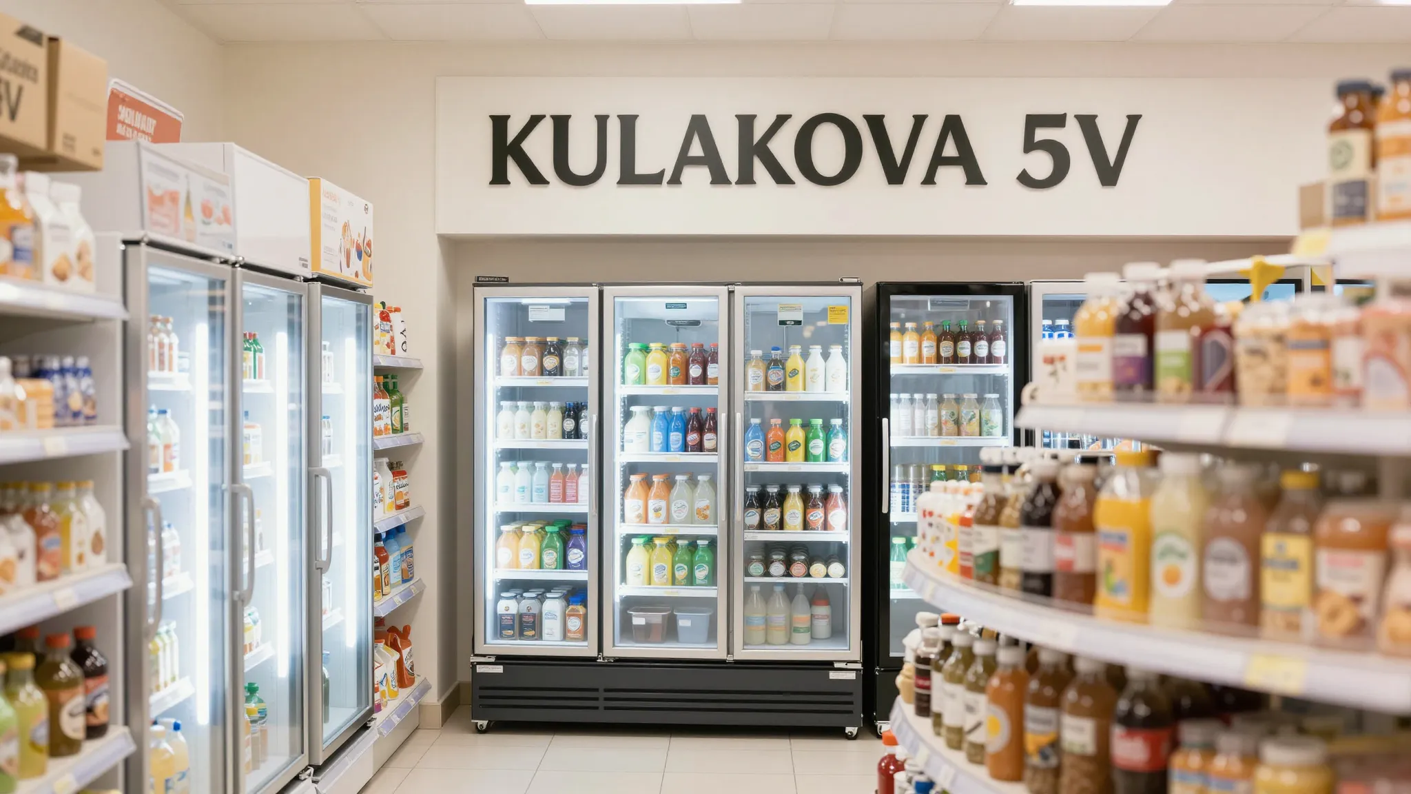 A friendly store interior with many refrigerators, a sign sa...