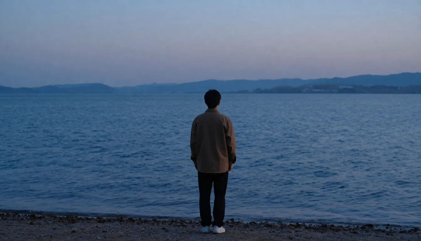 A lonely person standing on the shore of a vast blue lake at...