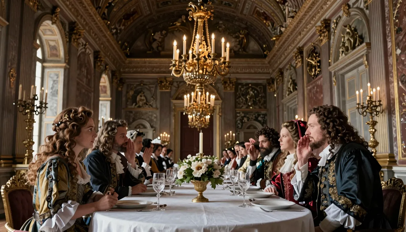 A grand 17th-century French dining hall, opulent chandeliers...