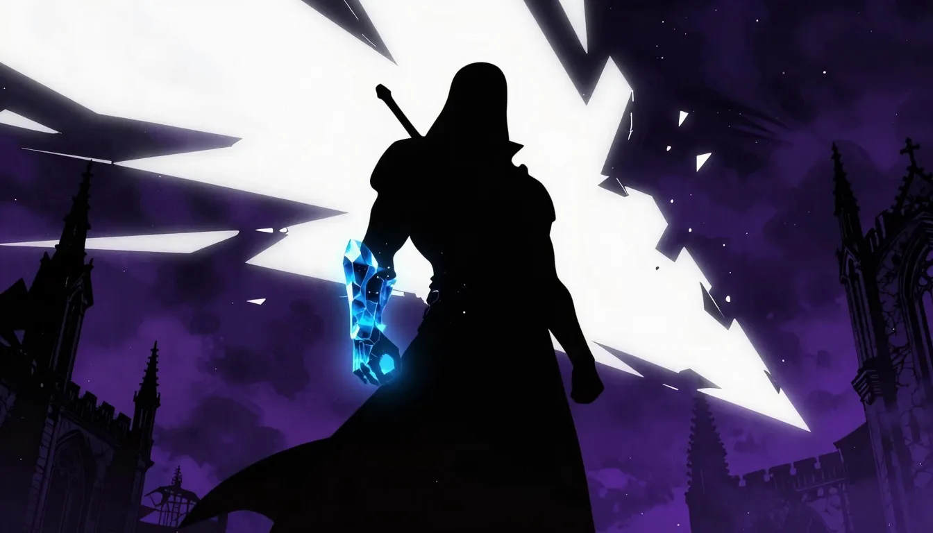 Epic rock album cover, a silhouette of a hero with a glowing...