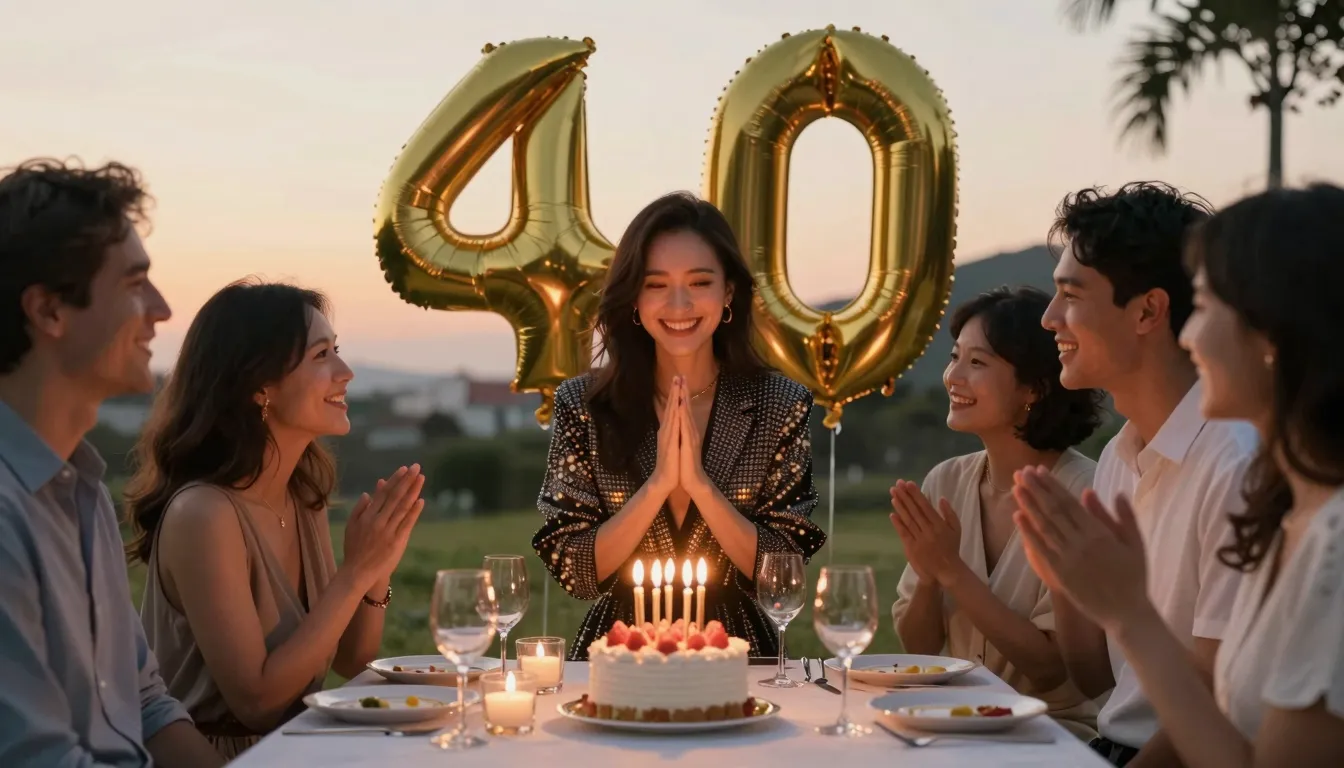 A stylish woman celebrating her 40th birthday, surrounded by...
