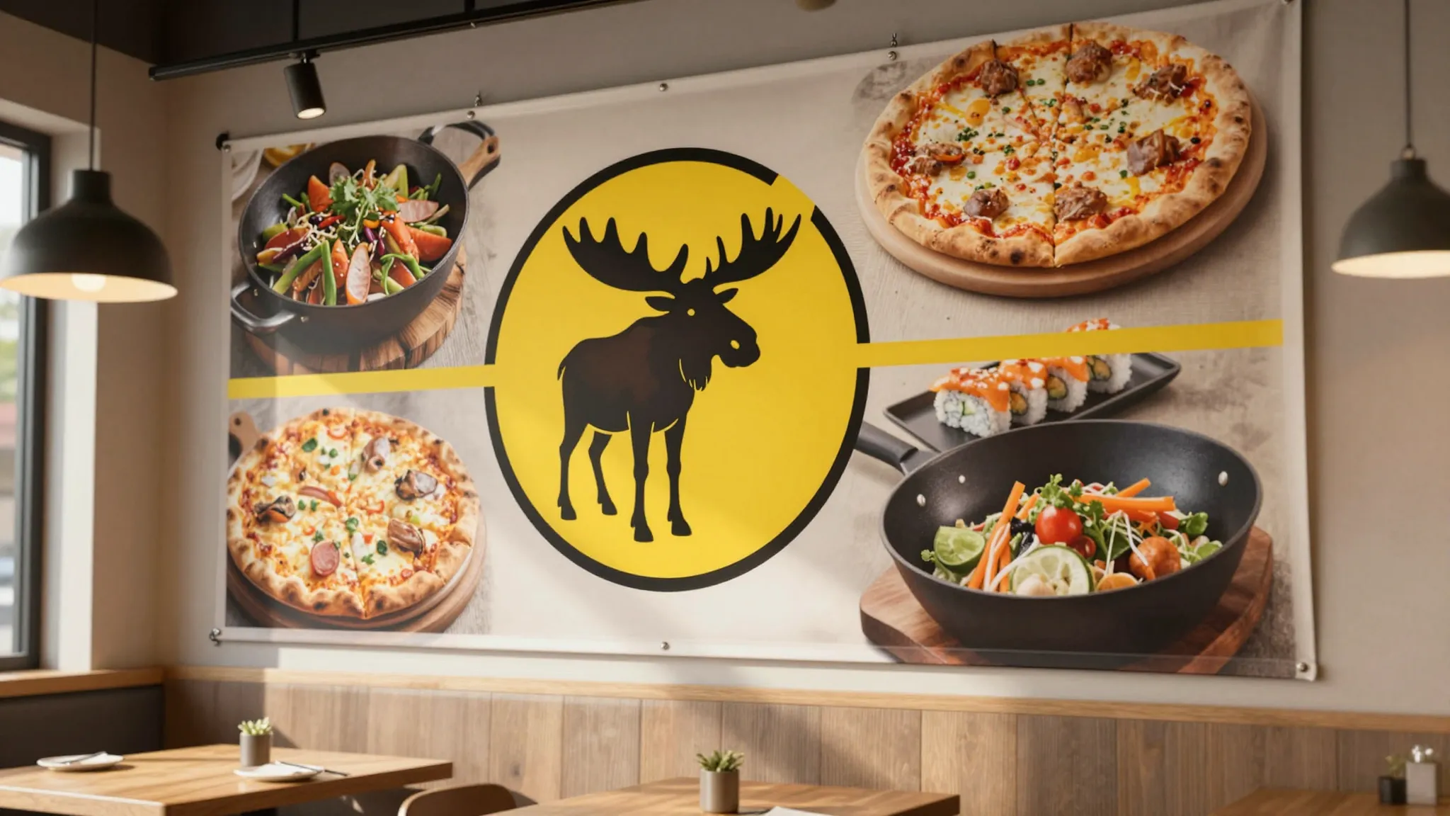 Close-up of a modern cafe interior with a large banner on th...