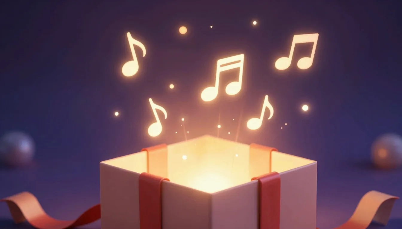 A beautiful gift box opening with glowing musical notes flyi...