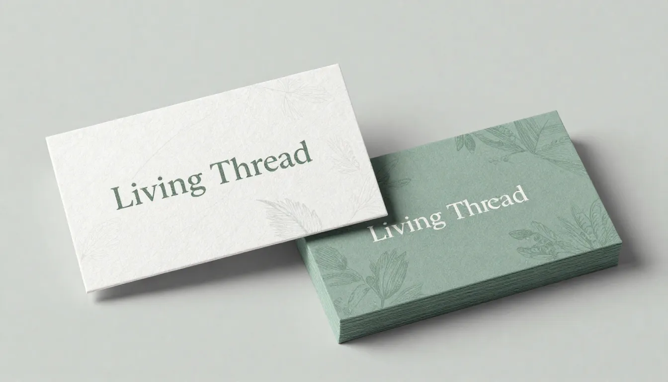 Modern business card design for 'Living Thread', front and b...