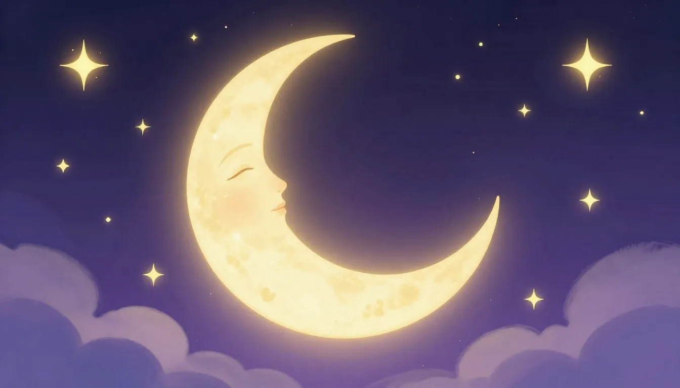 A serene and magical night scene, a glowing crescent moon wi...