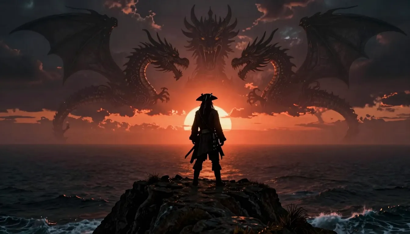 Silhouette of a lone pirate standing on a high cliff, lookin...