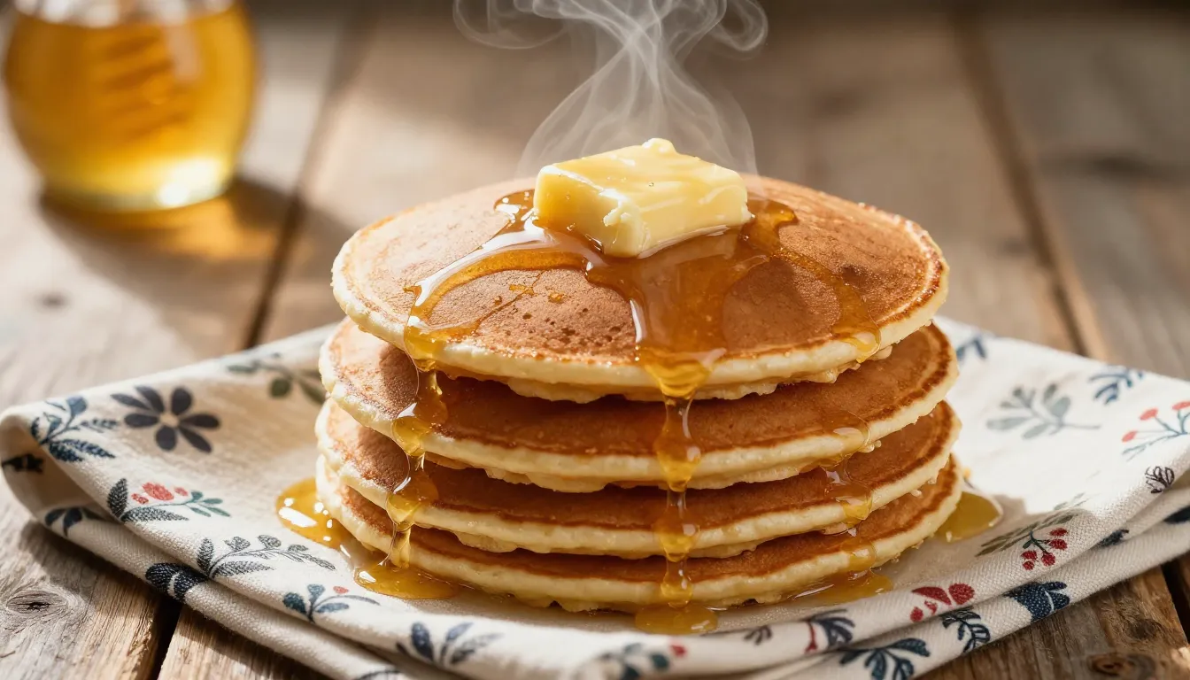 Close-up of a stack of hot pancakes with melting butter and ...