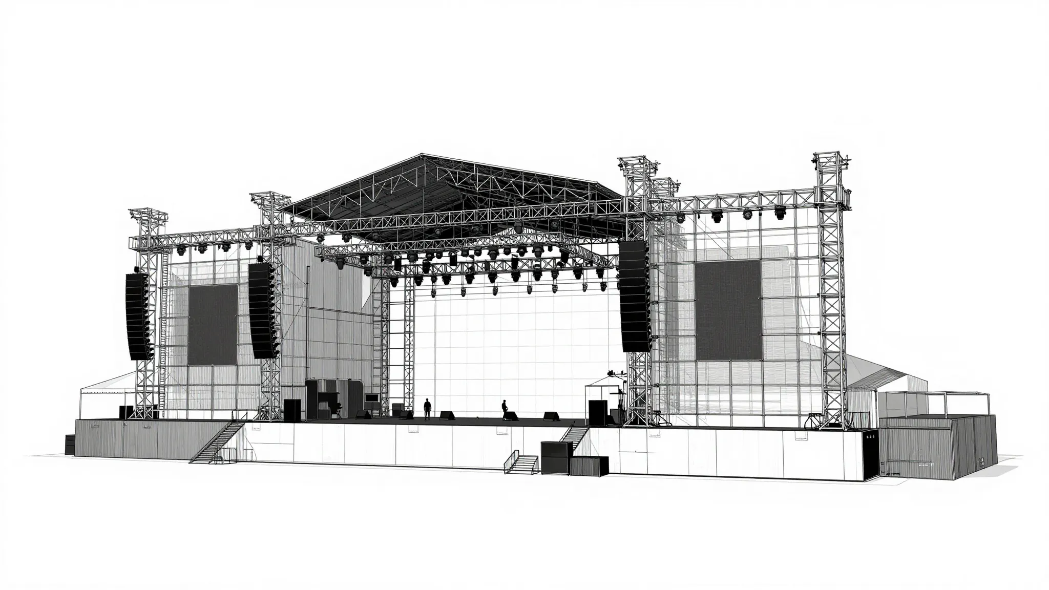 Technical architectural blueprint of a massive festival stag...