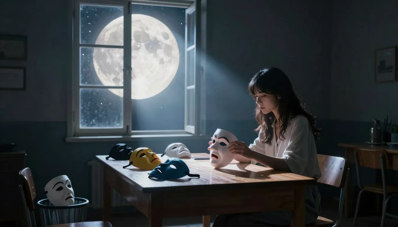 Cinematic shot of a young woman sitting at a wooden desk in ...