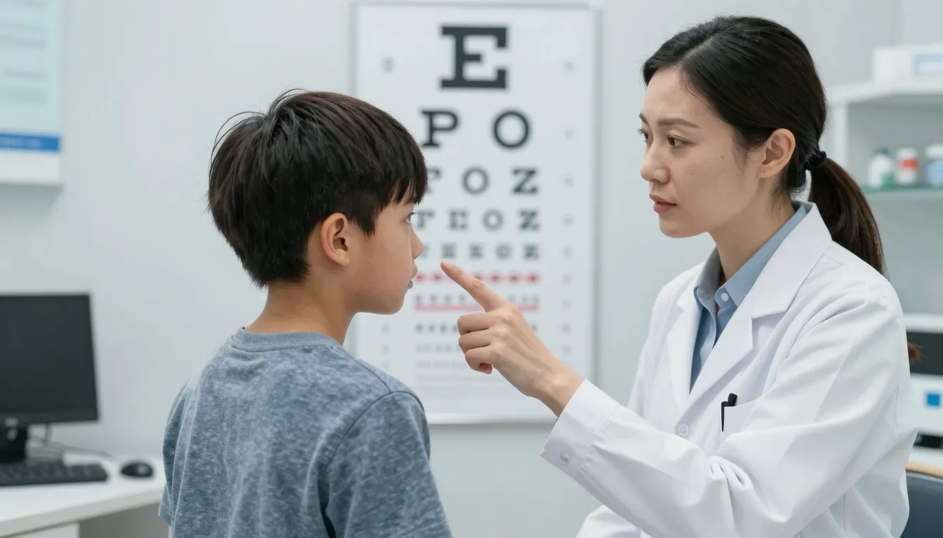 A 13-year-old boy in a modern eye doctor's office, squinting...