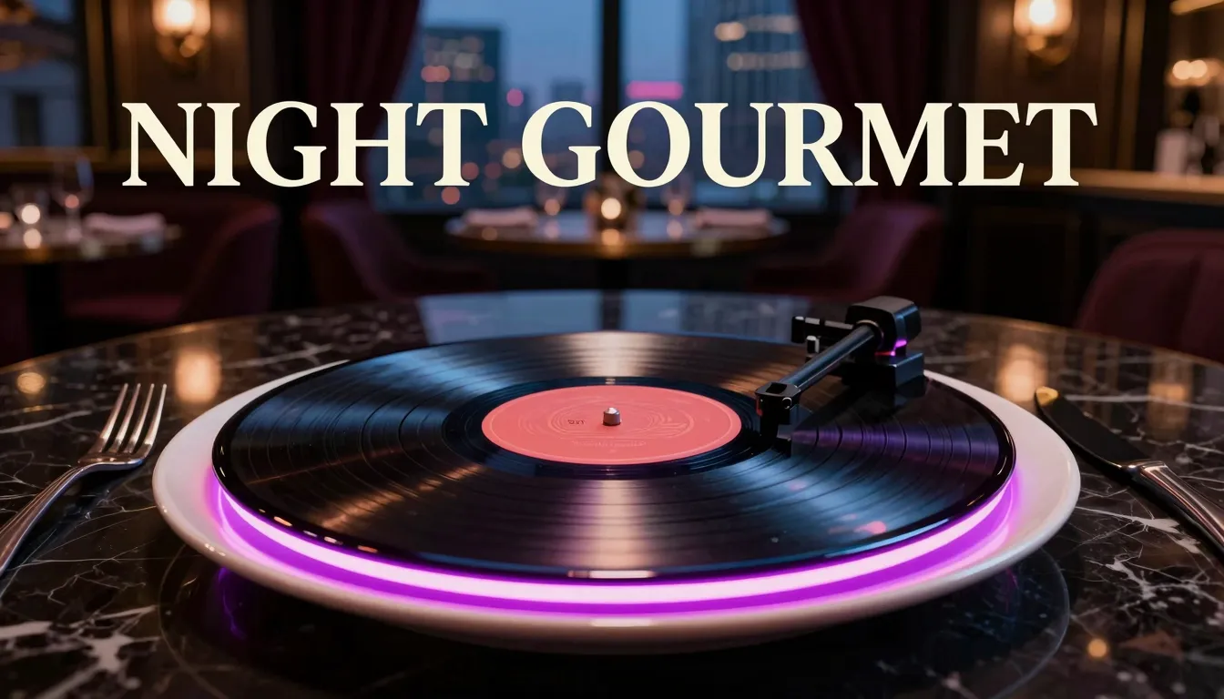 Album cover art style, a plate with a glowing neon vinyl rec...