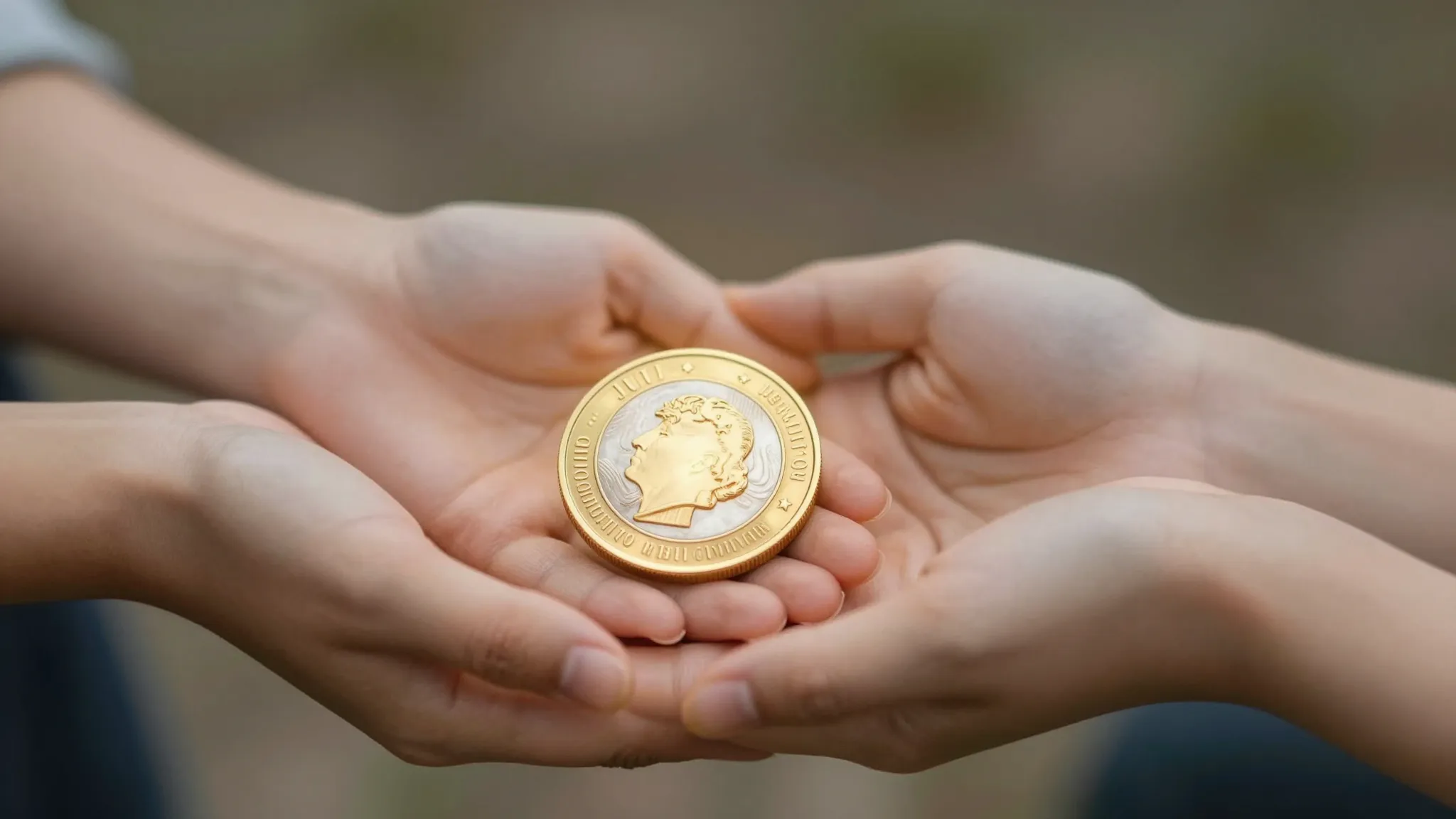 Two people hands holding a glowing golden coin together, sym...