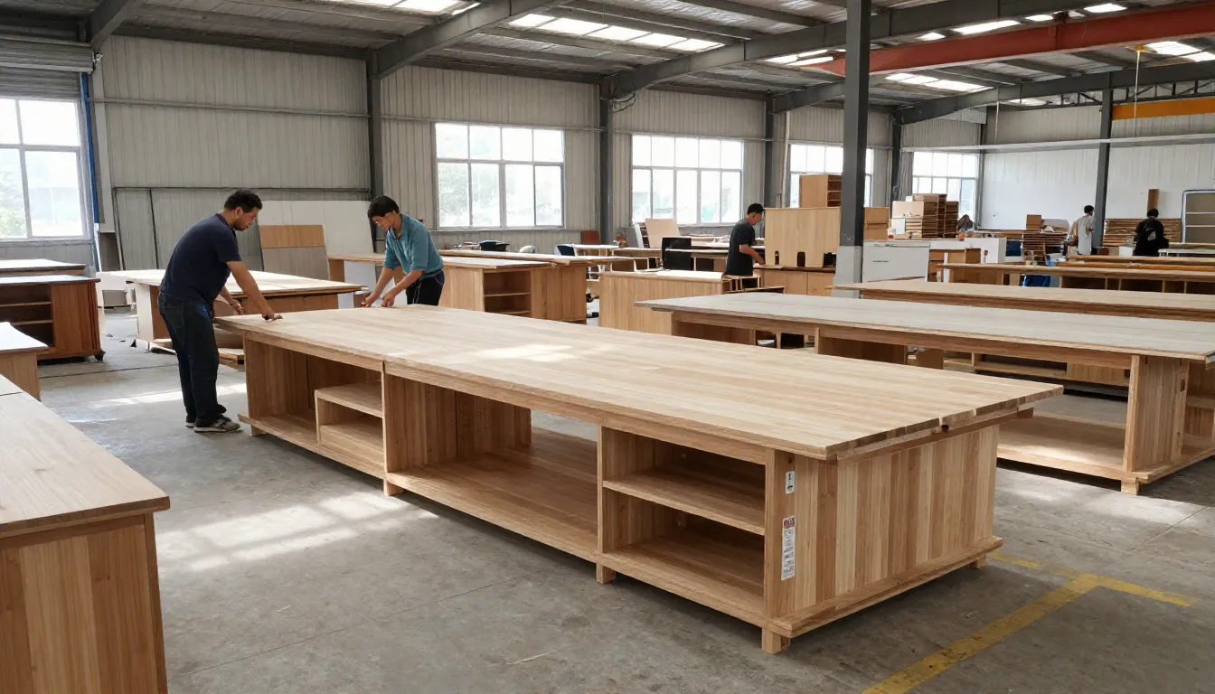 Modern furniture factory interior, workers assembling wooden...