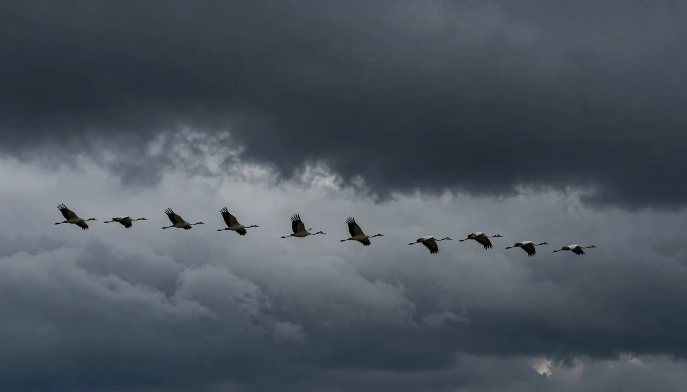 A flock of cranes in a distinct and sharp V-formation, migra...