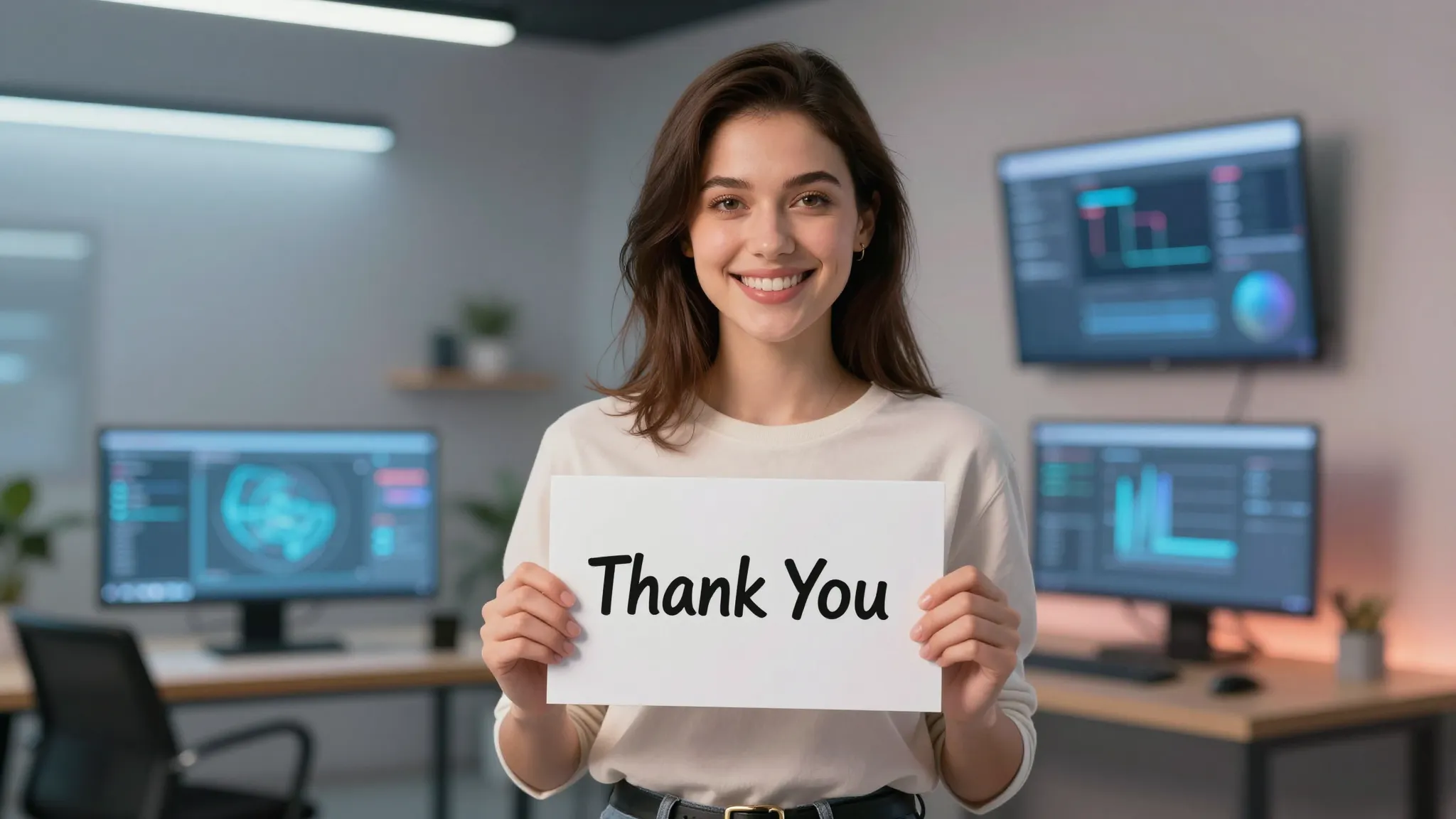 A friendly female AI assistant Anna with a warm smile, stand...
