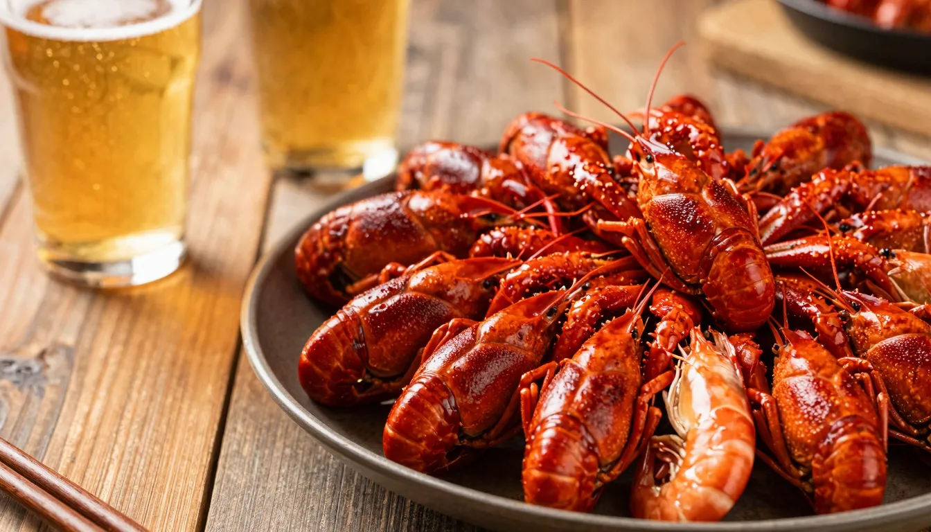 Close-up of delicious boiled red crayfish and shrimp on a pl...