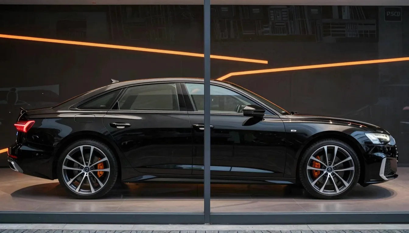 Side panel of a store window: A black Audi car, glossy finis...