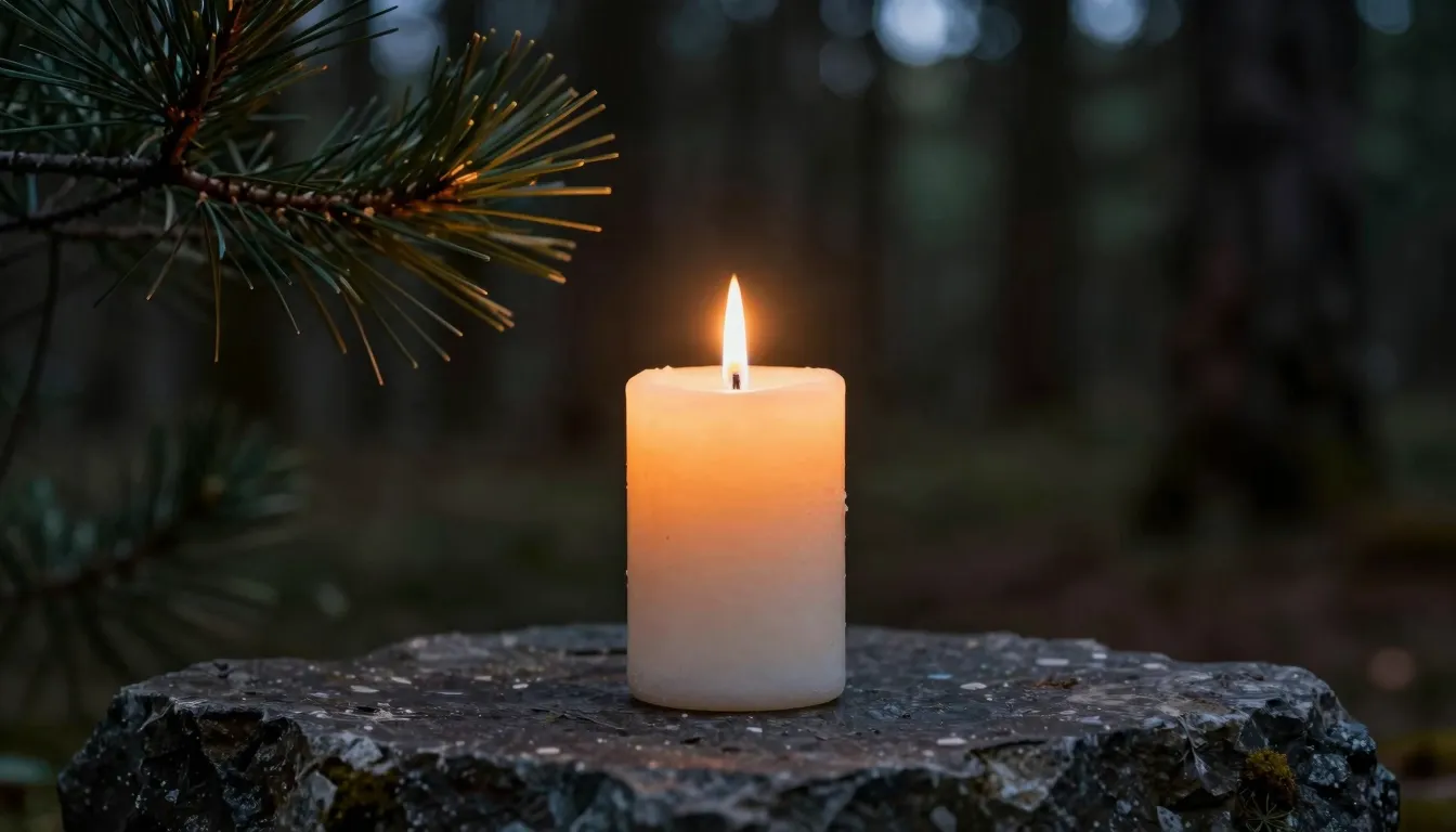 A single lit candle standing on a dark stone surface in fron...