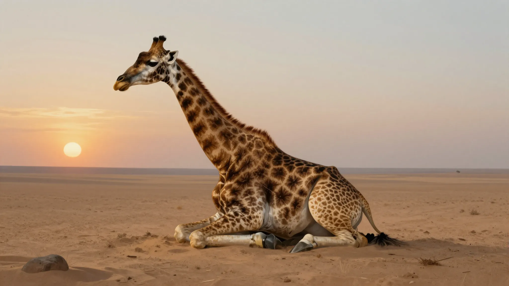 A dramatic and cinematic surreal painting of a giraffe lying...