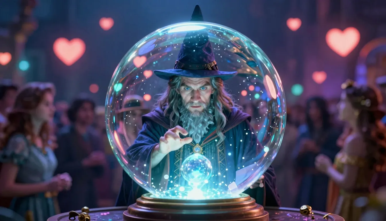 A wizard looking into a glowing crystal ball that reflects a...