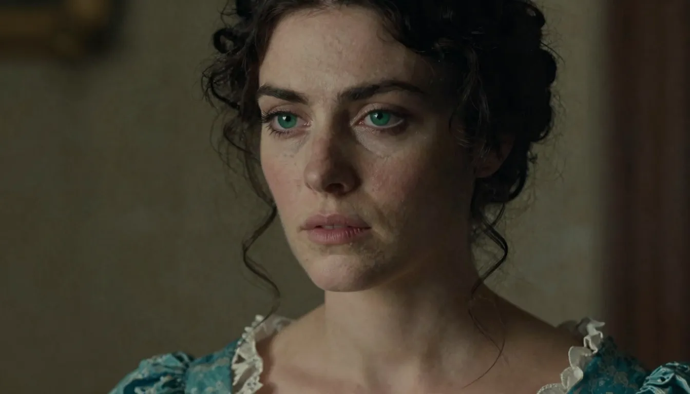 Cinematic close-up of a beautiful woman with emerald green e...